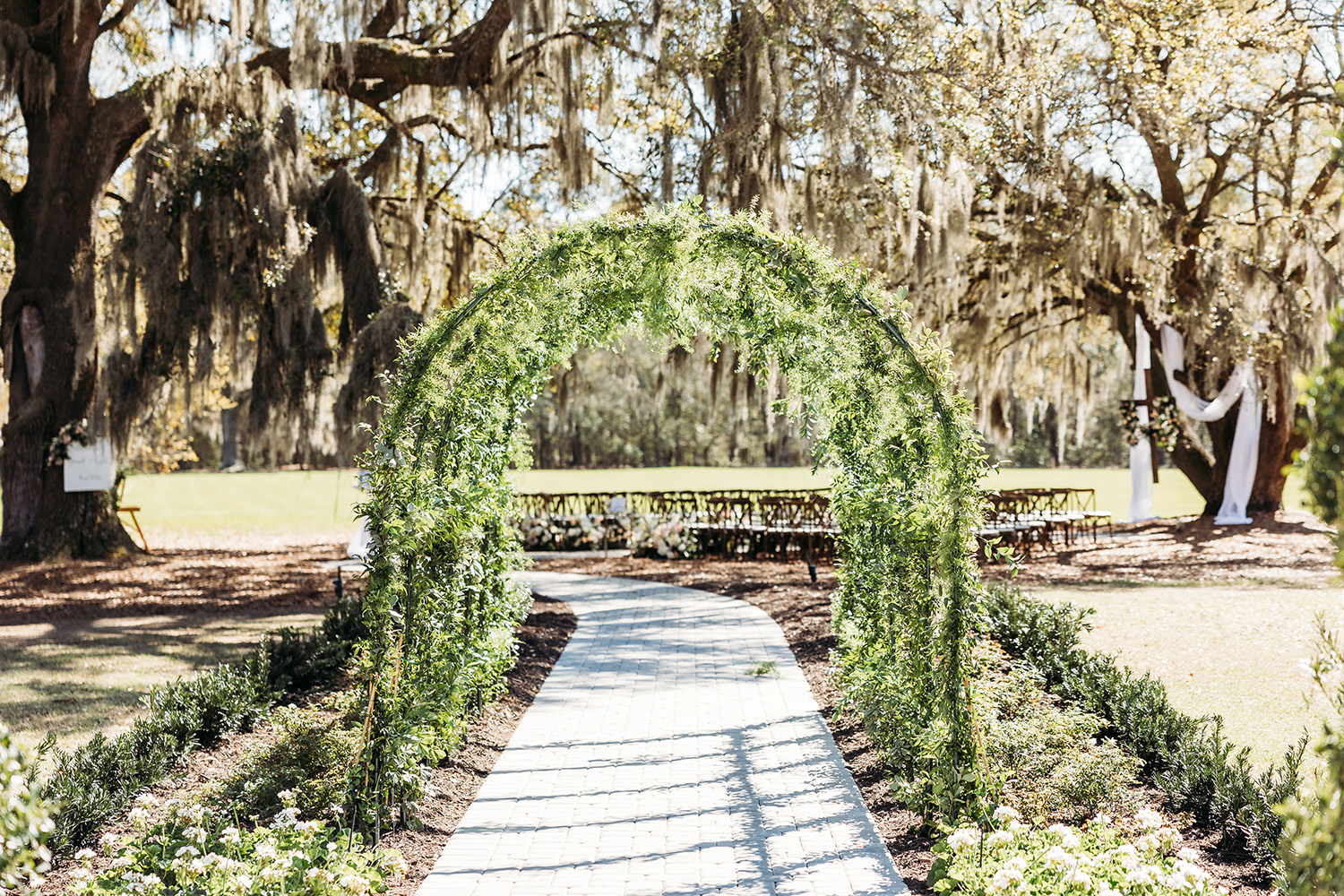 Walkway surrounding with arched vines.