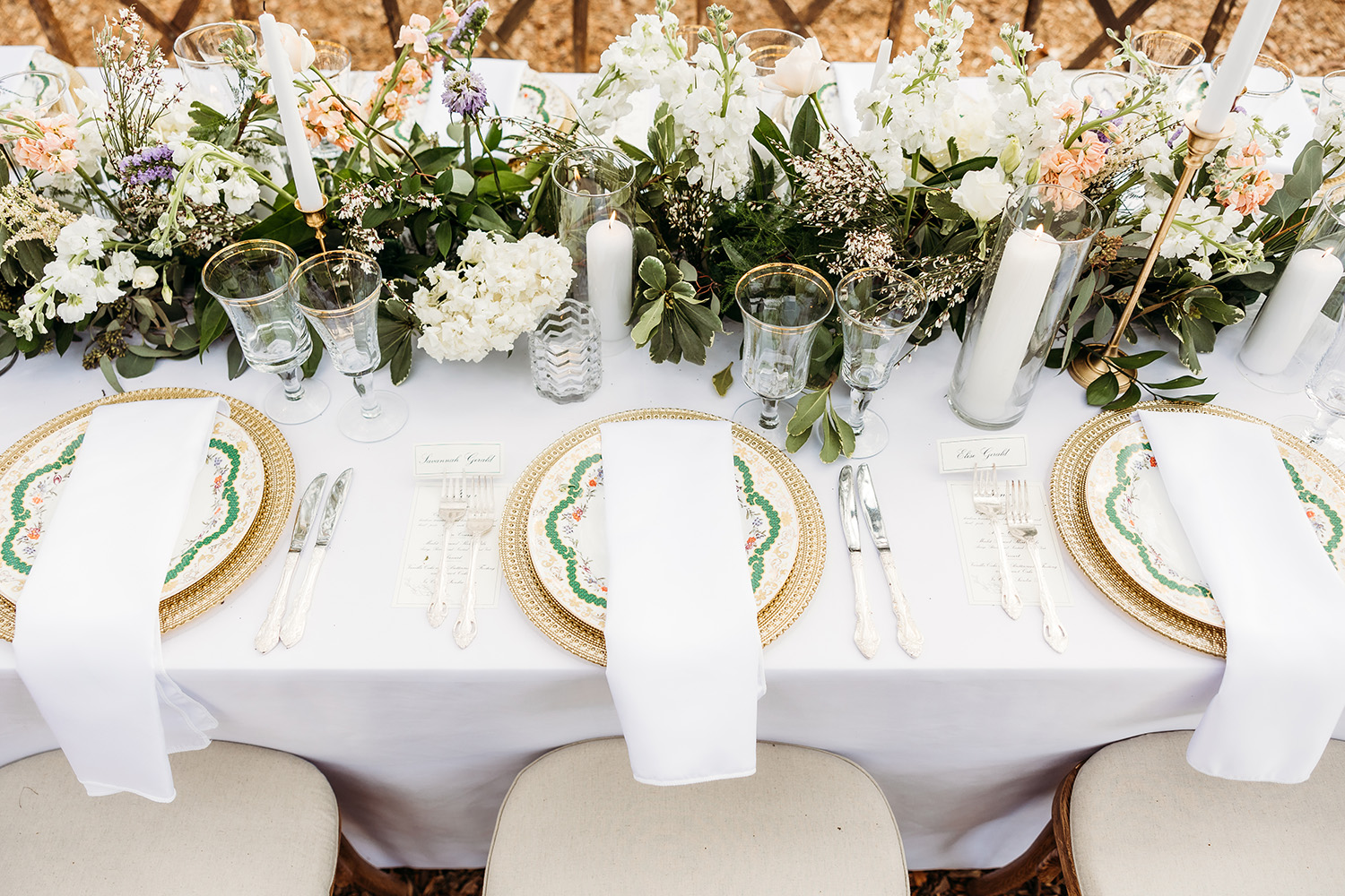 Arranged table with florals in the center.
