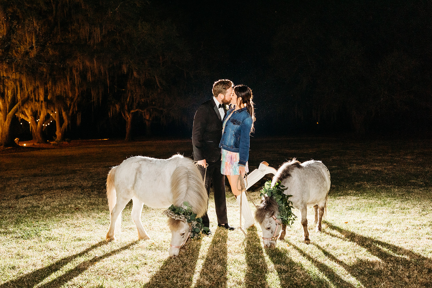 Bride and groom kissing while holding mini horses.