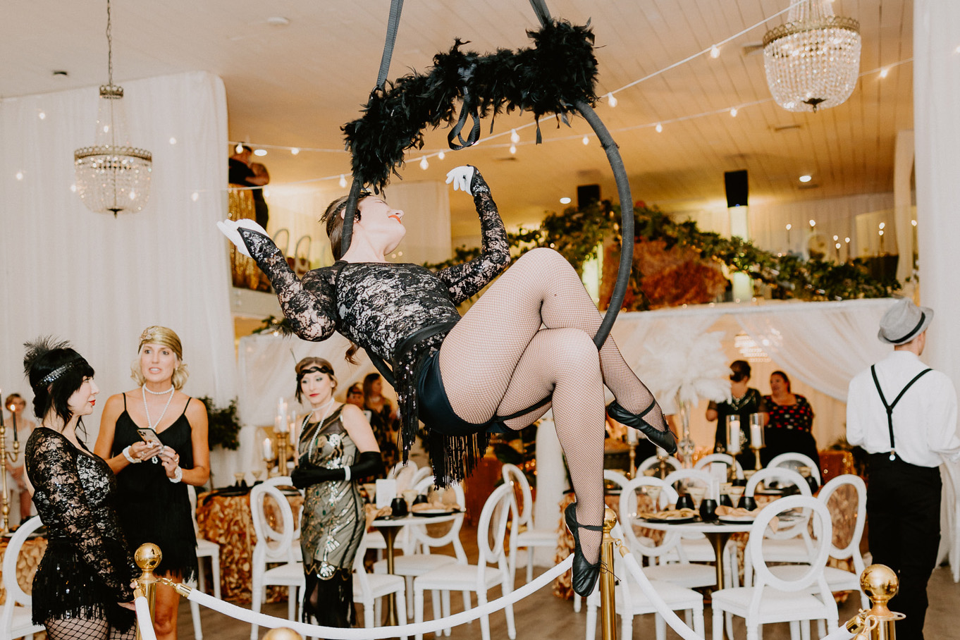 aerialist at a Roaring 20s themed event in Gracie Ballroom