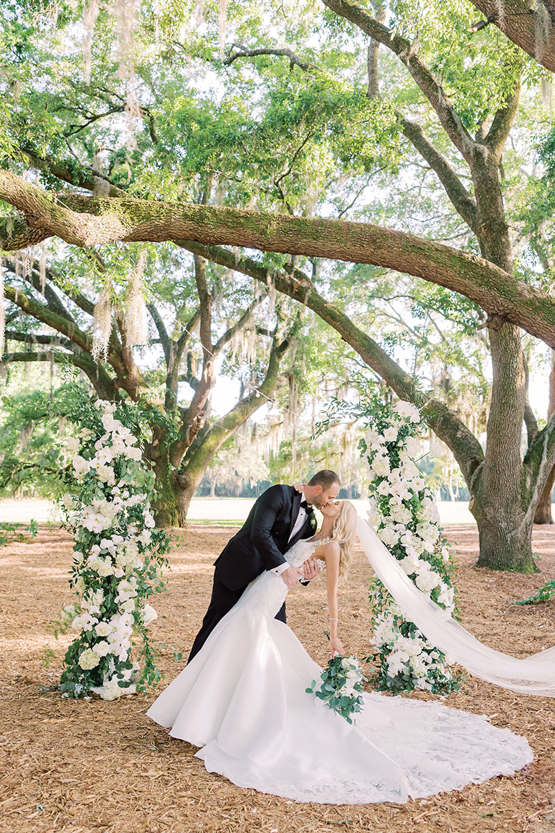 Bride and groom at their Lowcountry Luxury wedding at Hewitt Oaks