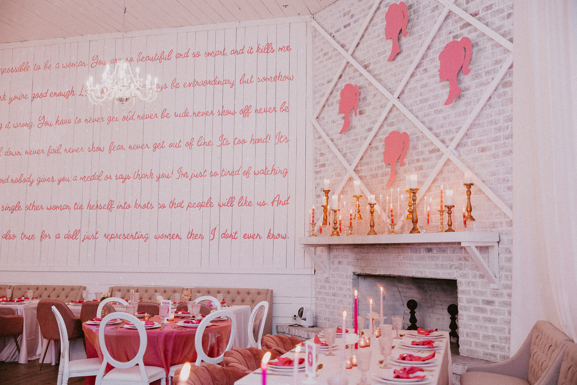 Gracie Ballroom decorated with pink linens and table settings