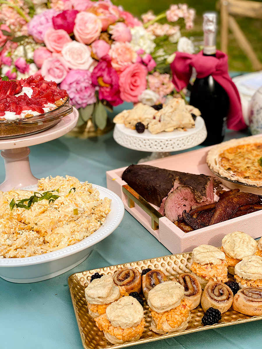 Mother's Day Brunch with beef tenderloin, berry cheesecake, petite pastries, and more